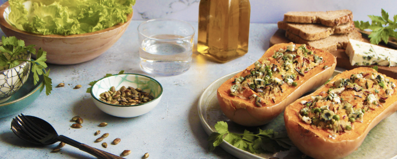 Courge butternut au riz sauvage petits pois et Roquefort Société