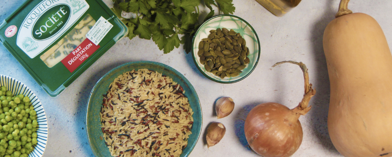 Courge butternut au riz sauvage petits pois et Roquefort Société