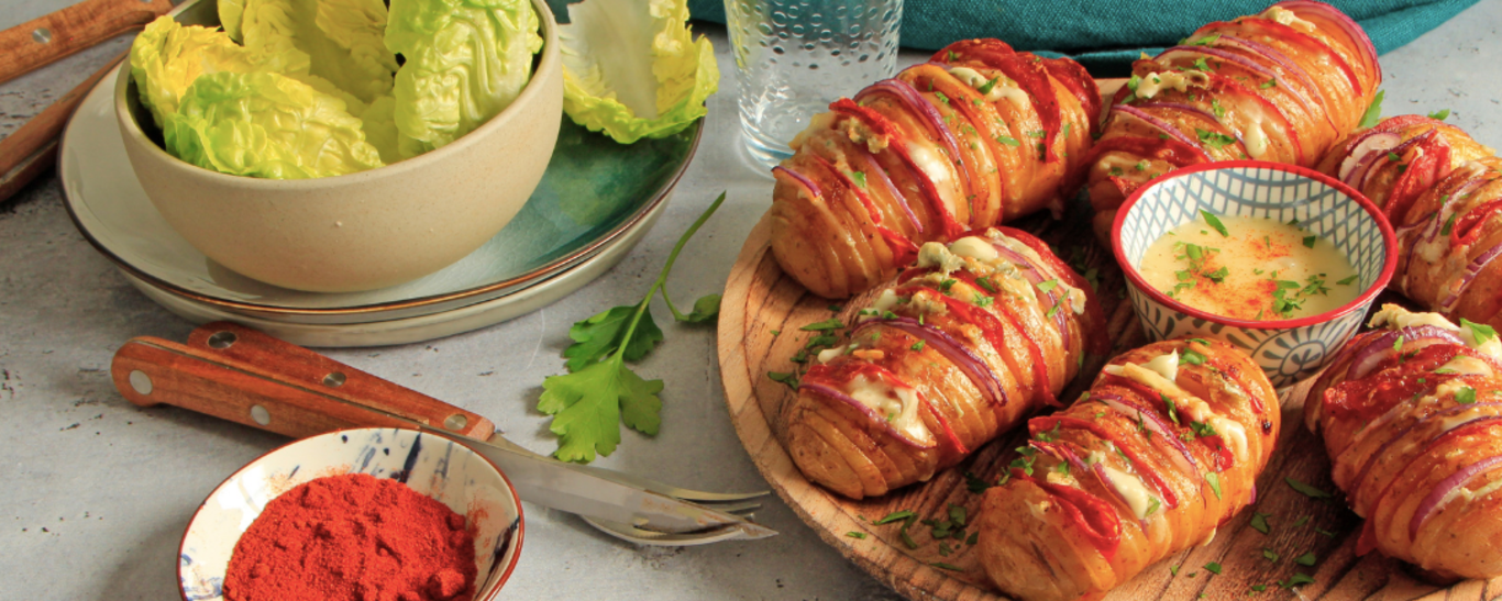 Hasselback pommes de terre Suédoise garnies au Gorgonzola, oignon rouge et chorizo