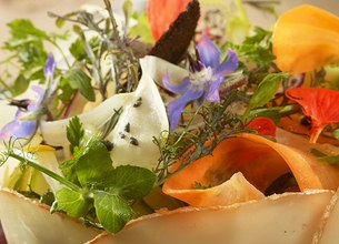 Salade d'Ossau Iraty Istara, courgette, carotte et fleurs de saison.