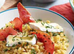 Risotto de coquillettes, Président extra fondant et chips de jambon cru