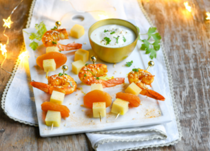Brochettes de Gambas au Curry, Comté & Abricots Secs