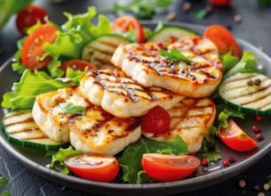 Halloumi grillé accompagné de légumes grillés et salade croquante