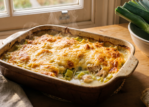 Gratin de poireaux, haddock au gouda