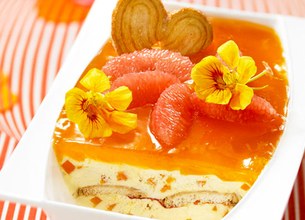 Tiramisu glacé capucine mangue et pamplemousse rose