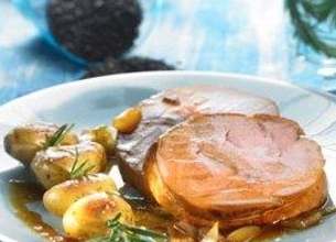 Quasi de veau au miel et au thé fumé et ses brochette de rattes