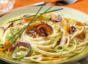 Spaghettis aux petits légumes et au Fondant à l'Emmental