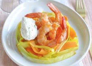 Gambas flambées sur lit de légumes et sa mousse mascarpone