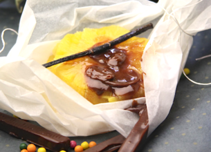 Papillotes poires et ananas au caramel