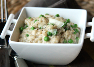 Risotto de petits pois et de champignons au Beaumont de Savoie