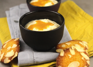 Riz au lait au caramel beurre salé, tuiles aux amandes