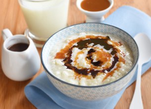 Riz au lait et son coulis chocolat-caramel
