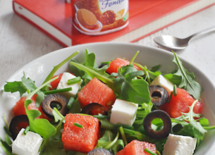 Menu : salade pastèque/Salakis + Sveltesse Saveur praliné façon Rocher