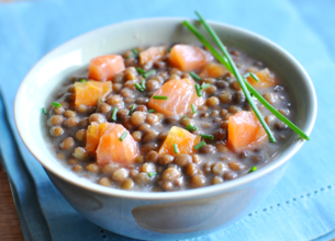 Salade tiède de lentilles crémées aux dés de saumon fumé