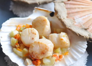 Noix et tripes de Saint-Jacques en coquille lutées au sarrasin